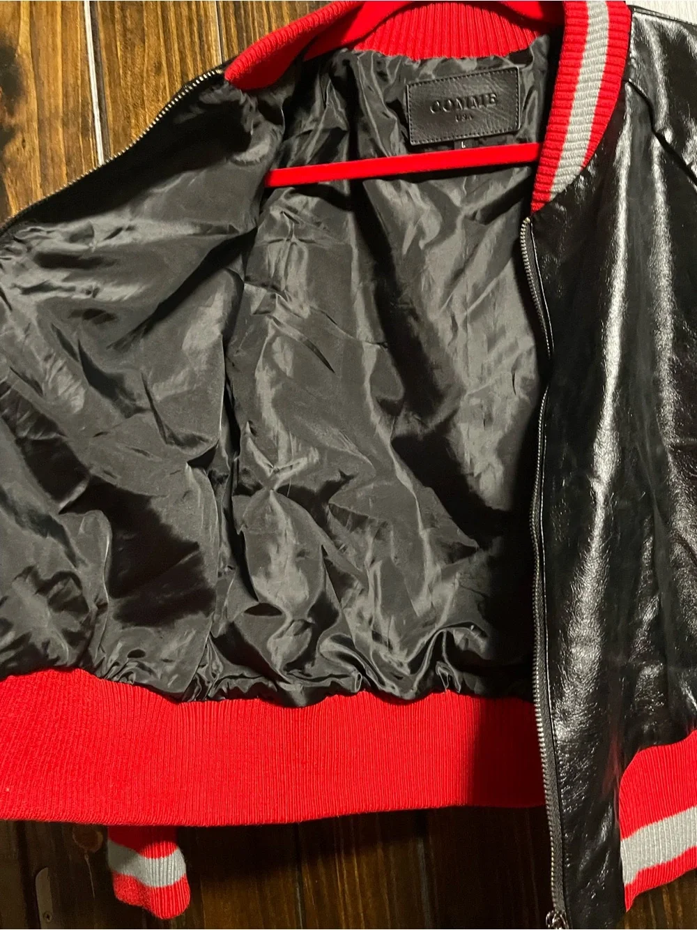 Kids Black Faux Leather Bomber Jacket with Red & Gray Trim